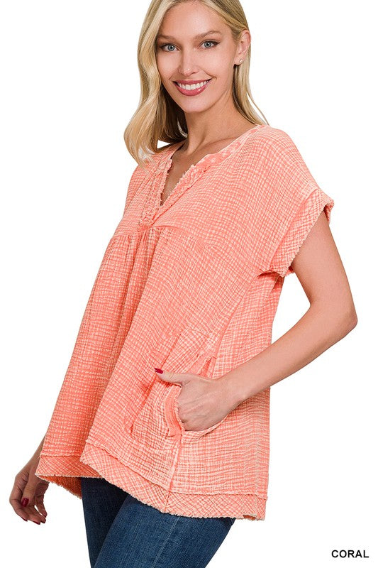 Washed Double Gauze Raw Edge Short Sleeve Shirt Top