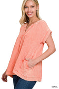 Washed Double Gauze Raw Edge Short Sleeve Shirt Top