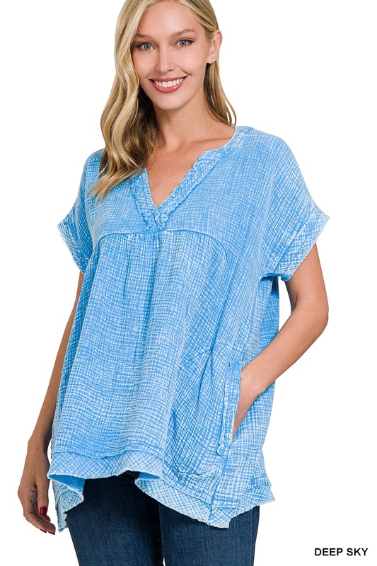 Washed Double Gauze Raw Edge Short Sleeve Shirt Top
