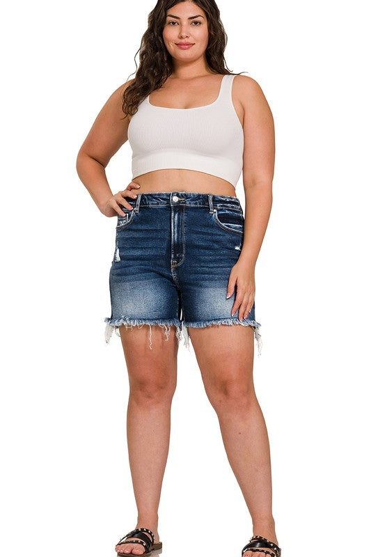 Plus Raw Frayed Hem Ripped Denim Shorts