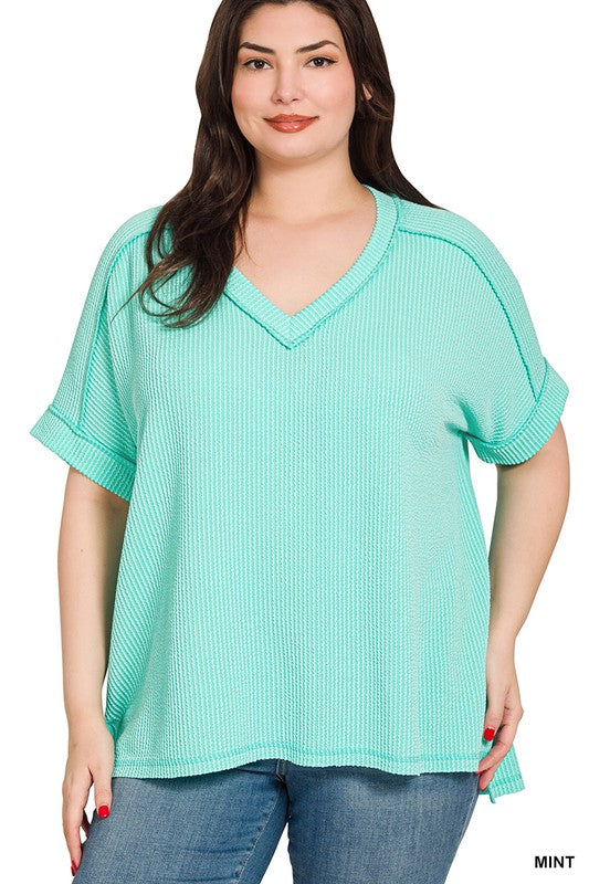 PLUS RAISED RIB SHORT SLEEVE HI-LOW V NECK TOP