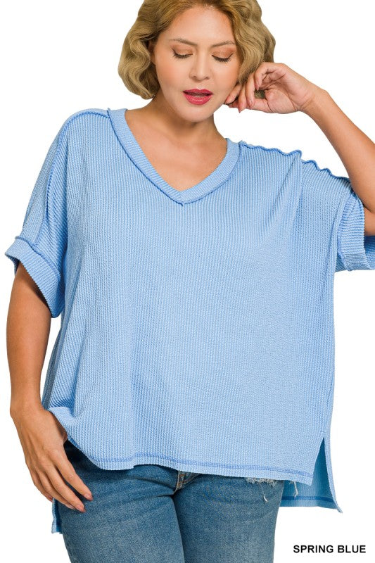 PLUS RAISED RIB SHORT SLEEVE HI-LOW V NECK TOP