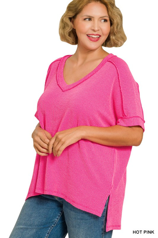 PLUS RAISED RIB SHORT SLEEVE HI-LOW V NECK TOP