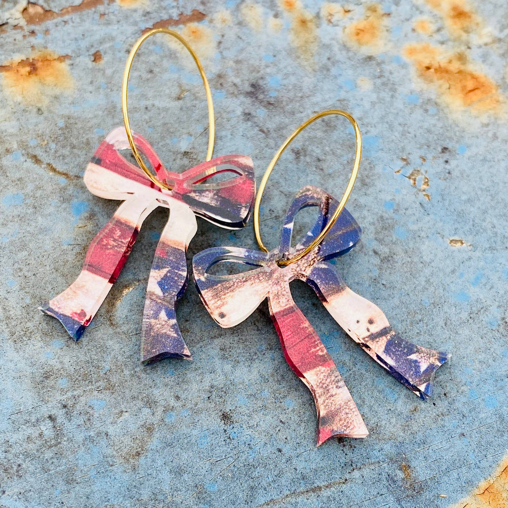 Old Glory Patriotic Bow Hoop Earrings - American Flag 
