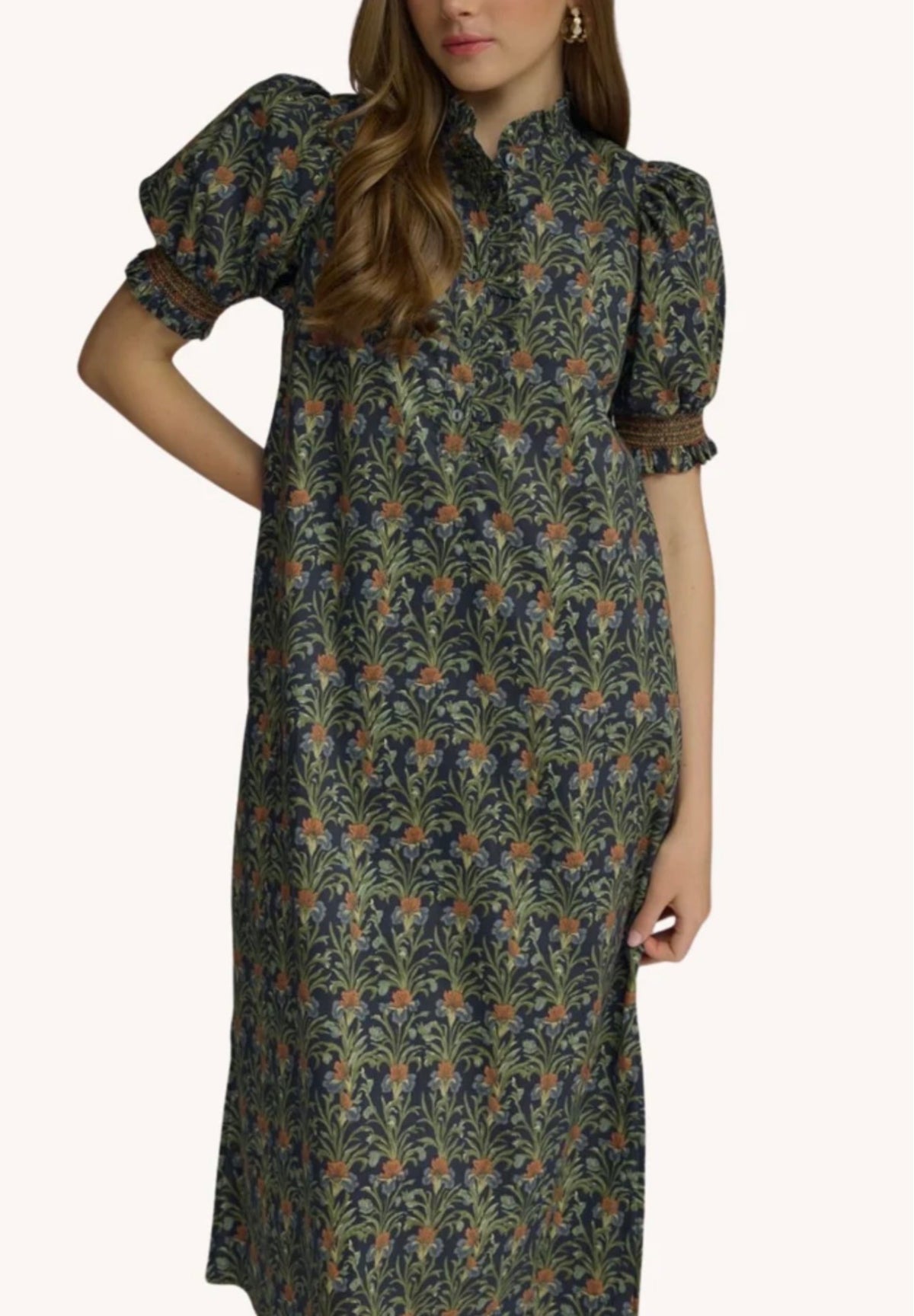 Floral print short puff sleeve midi dress