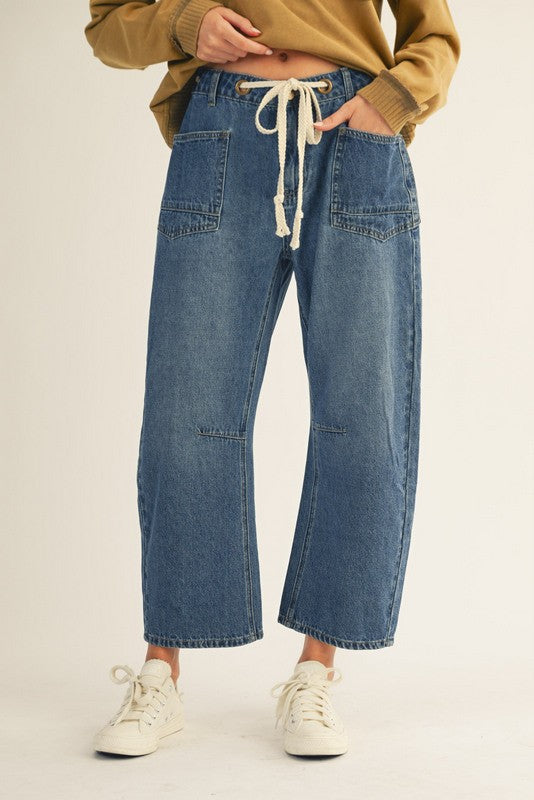 Jodifl Drawstring Waist Washed Denim Barrel Jeans