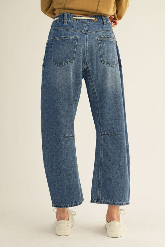 Jodifl Drawstring Waist Washed Denim Barrel Jeans