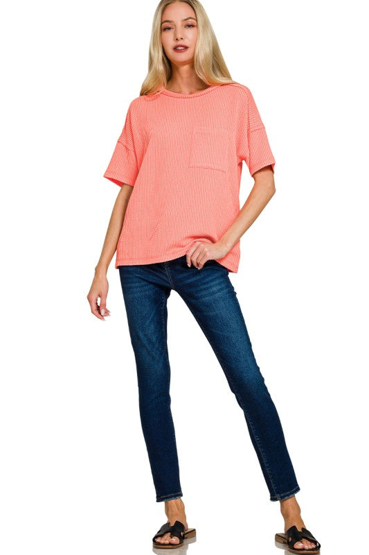 Raised Rib Exposed Seam Short Sleeve Top