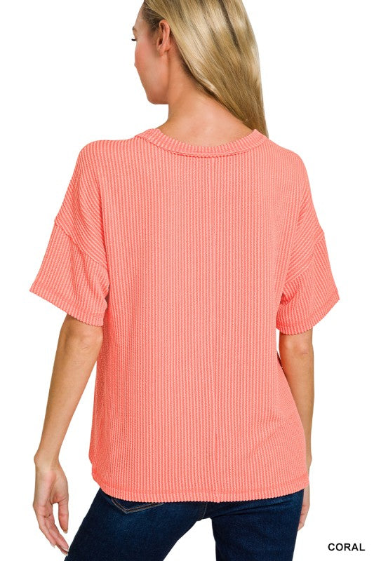 Raised Rib Exposed Seam Short Sleeve Top