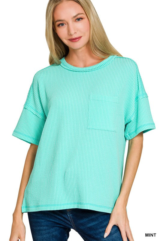 Raised Rib Exposed Seam Short Sleeve Top