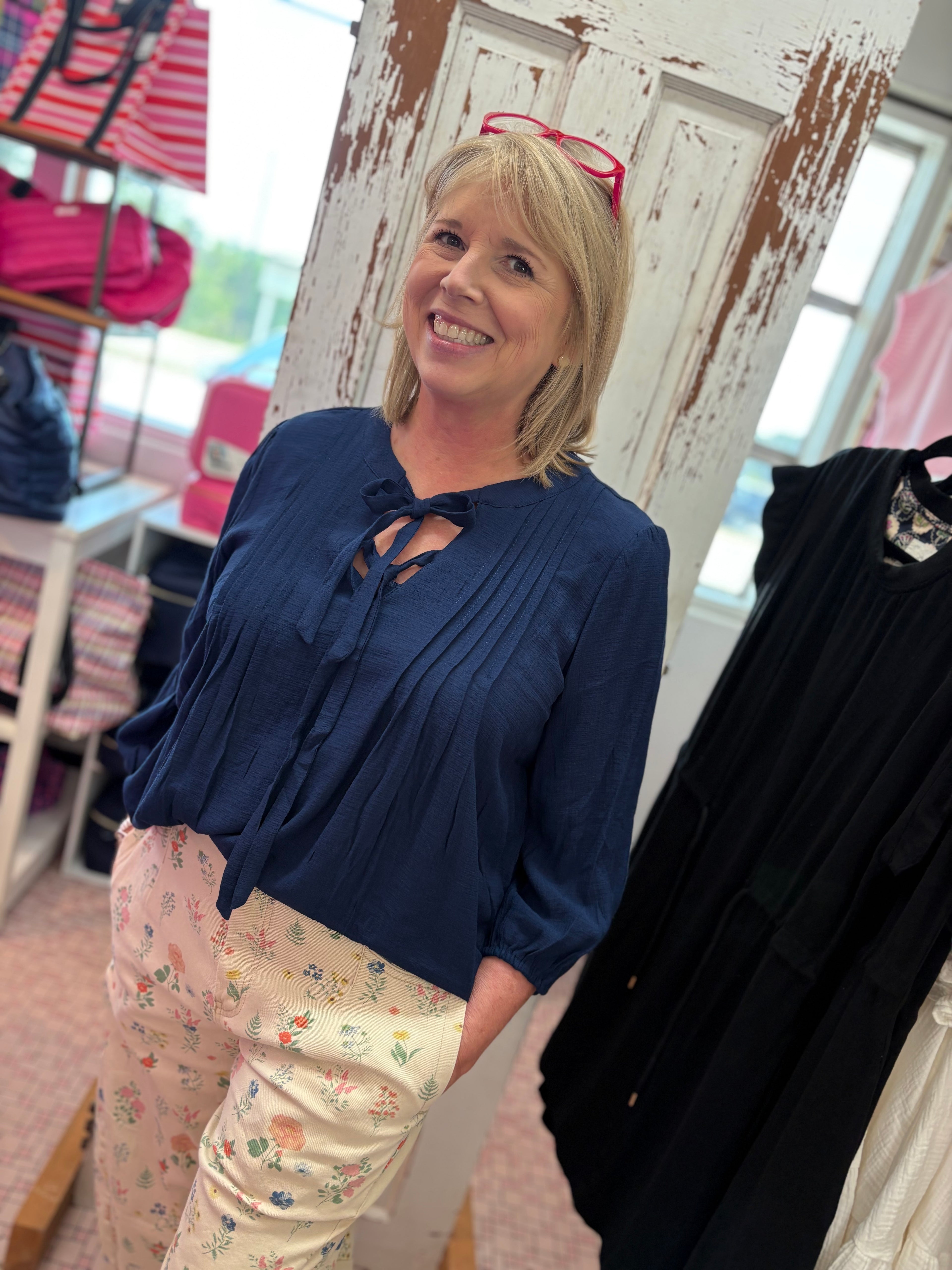 Front Tie Pleated Front 3/4 Sleeve Top Plus