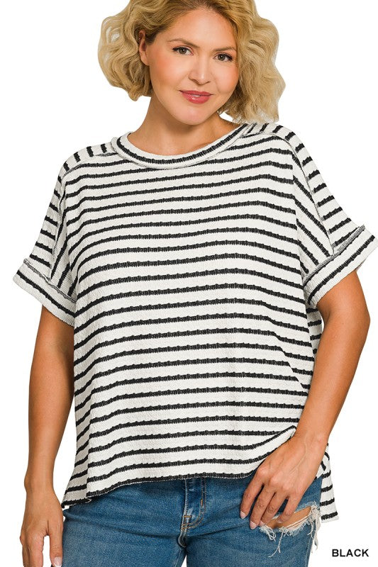 Stripe Jacquard Round Neck Box Tee Plus