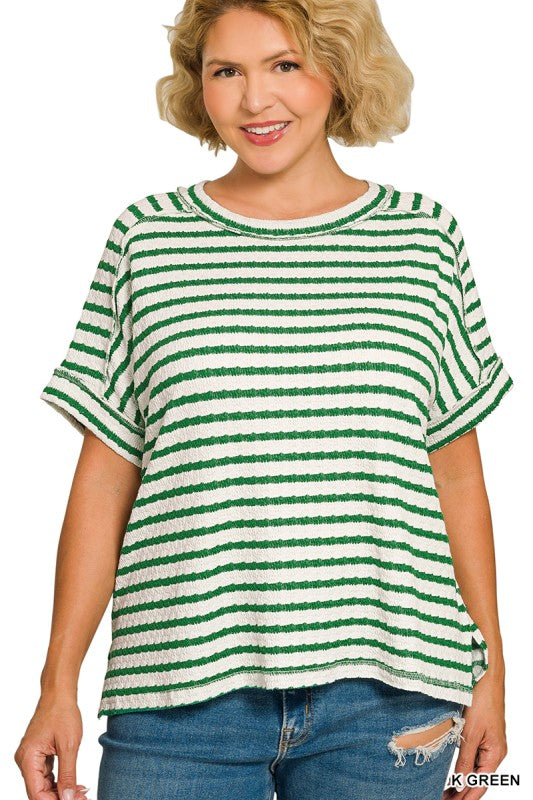 Stripe Jacquard Round Neck Box Tee Plus