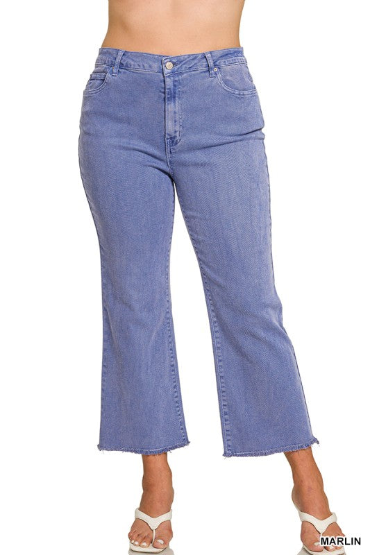 ACID WASHED HIGH WAIST FRAYED HEM BOOTCUT PANTS PLUS