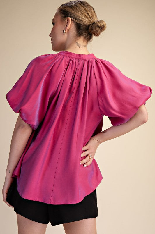 V-neck Band Bubble Sleeve High Low Blouse