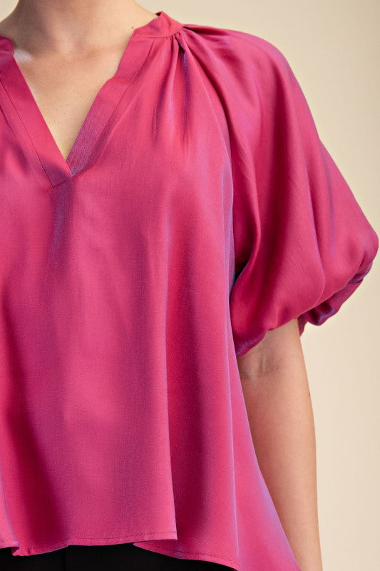 V-neck Band Bubble Sleeve High Low Blouse