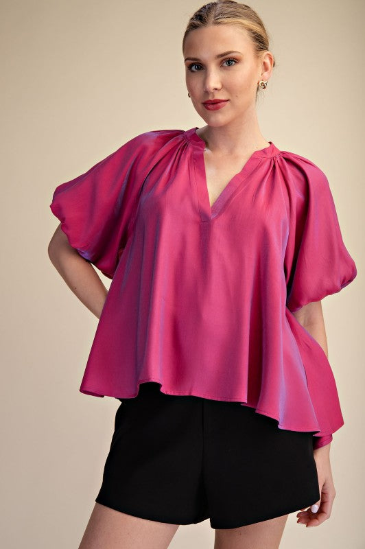 V-neck Band Bubble Sleeve High Low Blouse