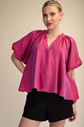 V-neck Band Bubble Sleeve High Low Blouse