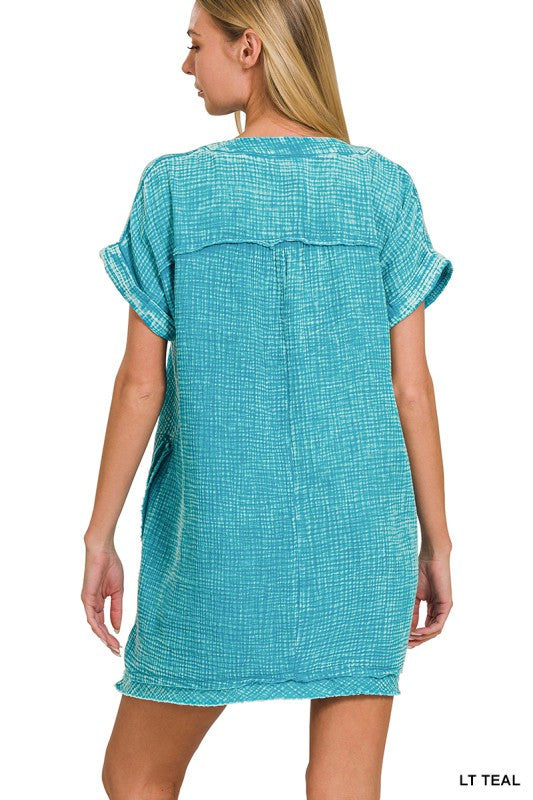 Washed Double Gauze Raw Edge V-neck Dress