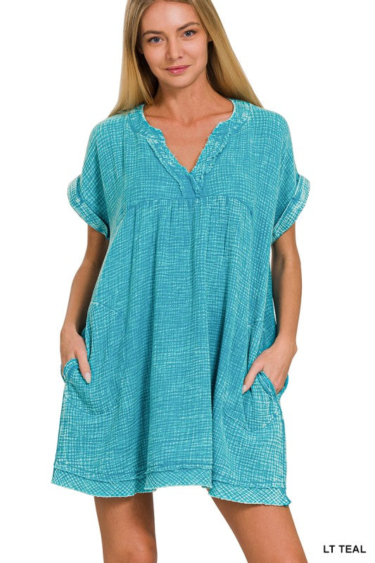 Washed Double Gauze Raw Edge V-neck Dress