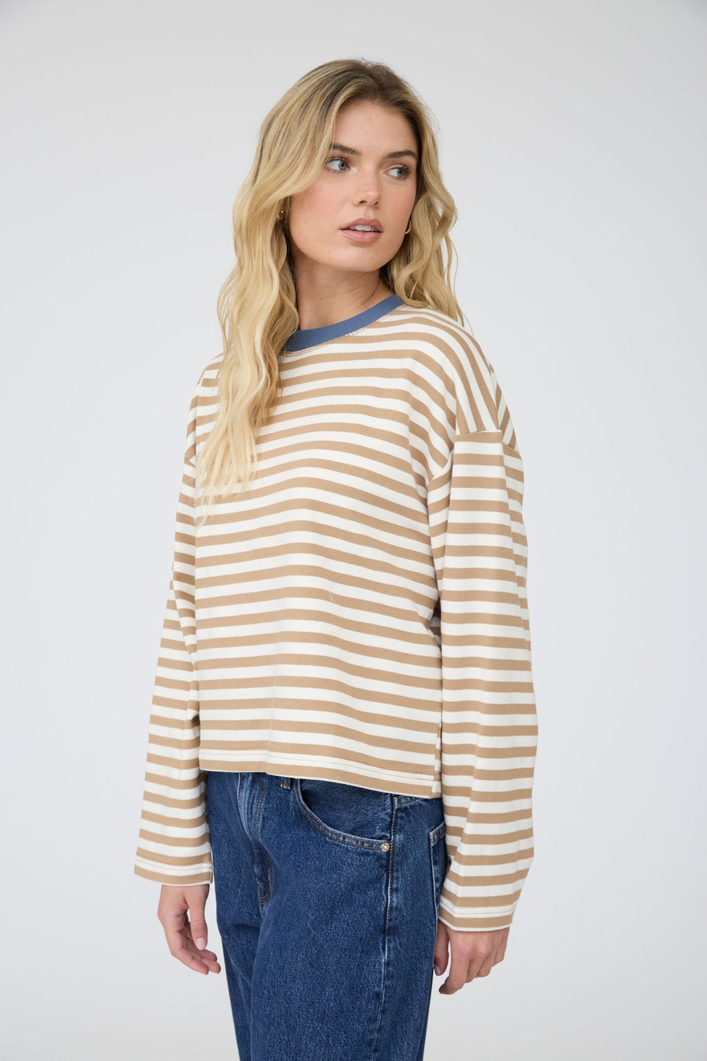 Color Block Neck Trim LS Boxy Knit Top