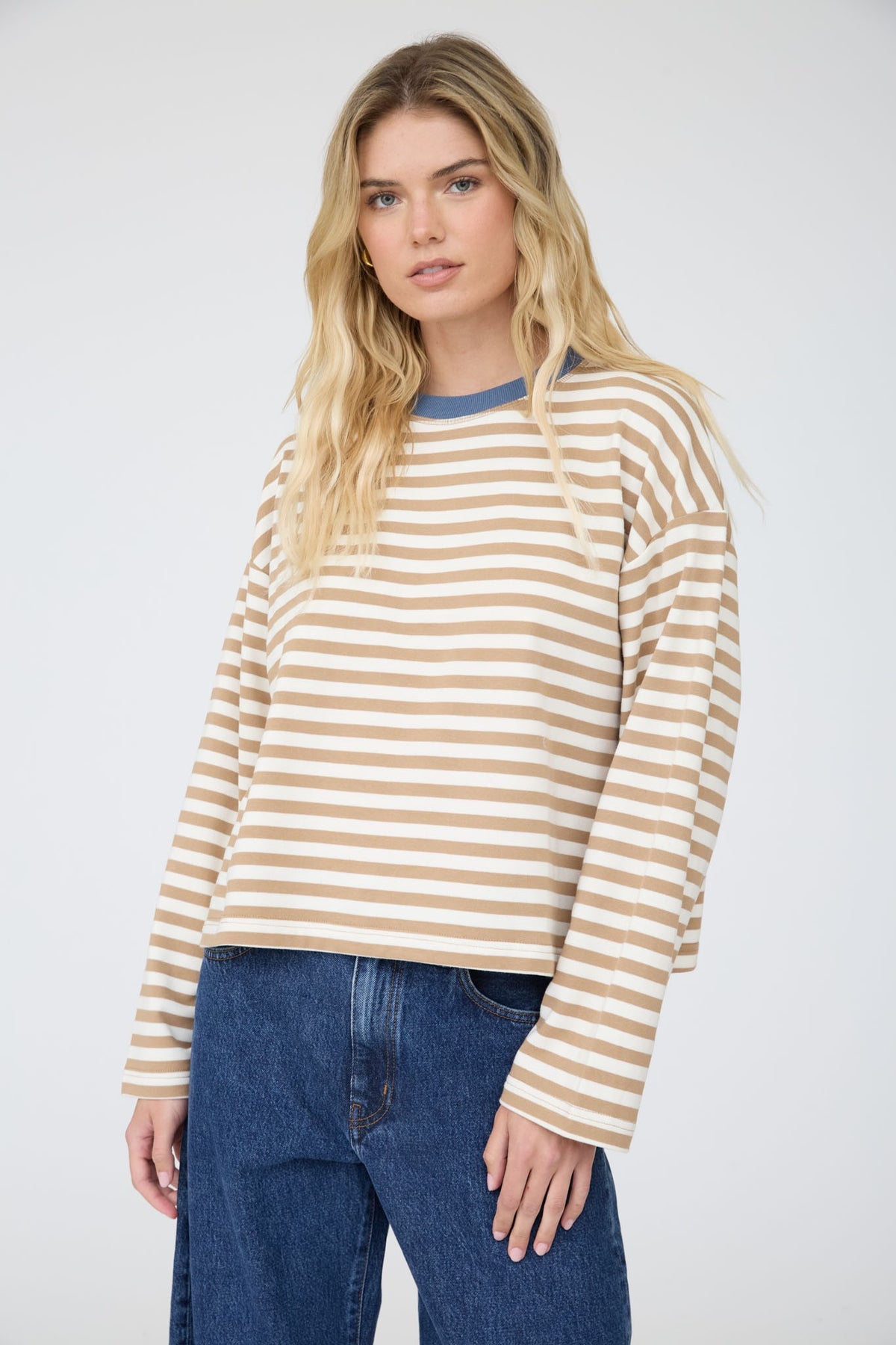 Color Block Neck Trim LS Boxy Knit Top