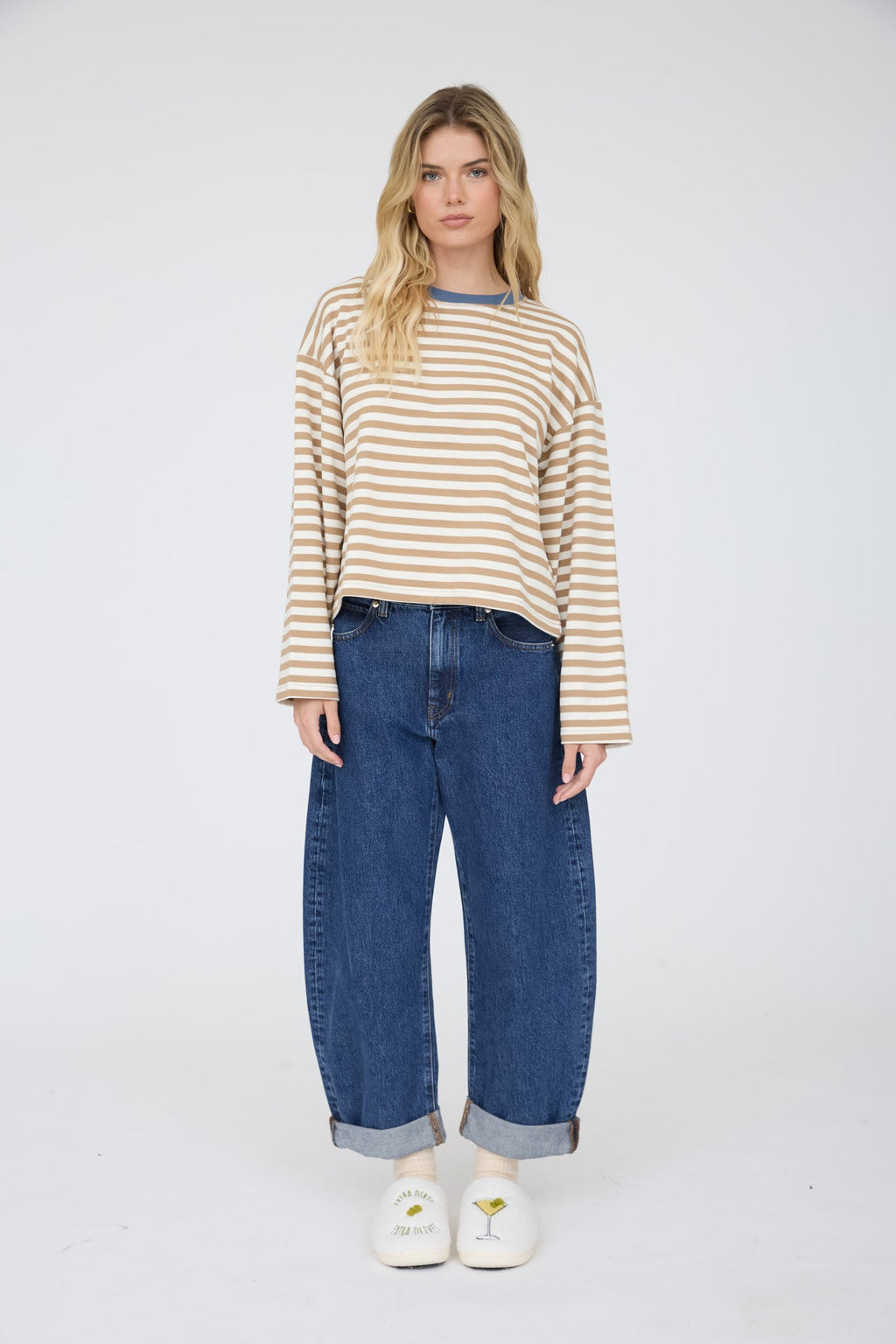 Color Block Neck Trim LS Boxy Knit Top