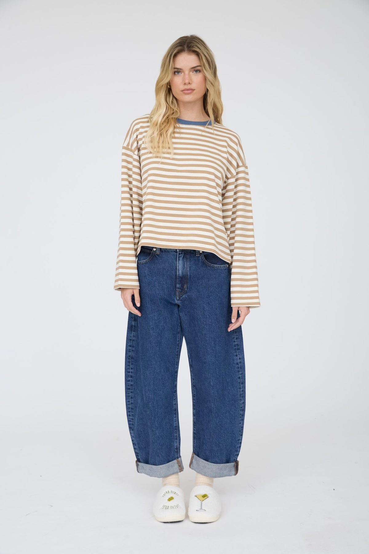Color Block Neck Trim LS Boxy Knit Top