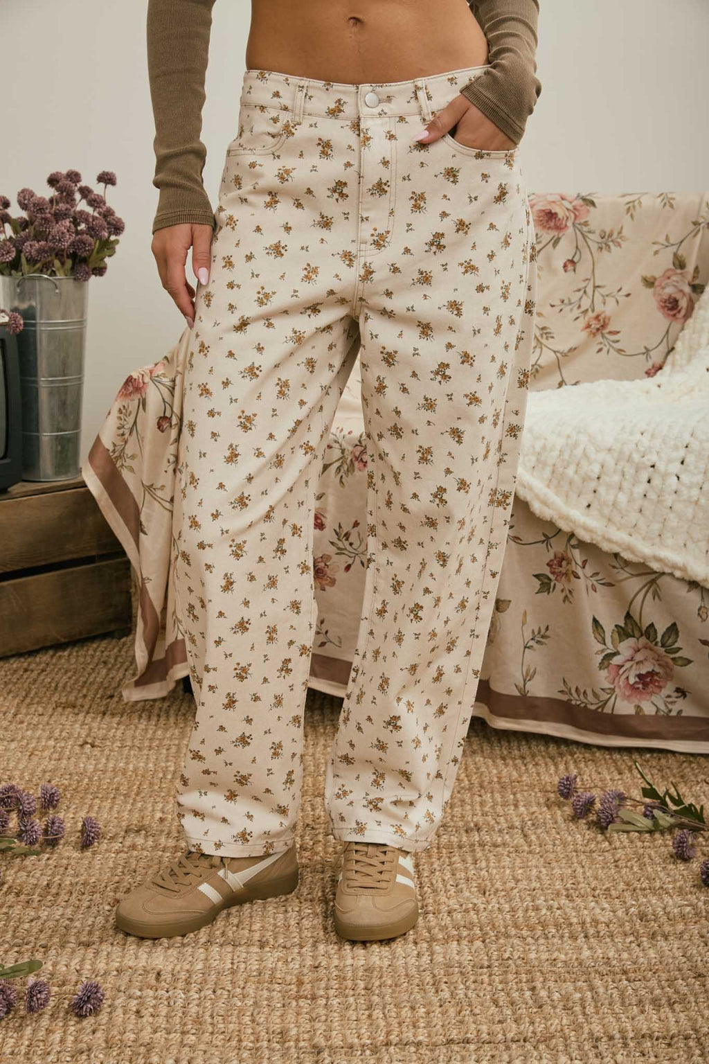 Floral Ecru Denim Pattern Jeans