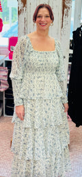 Floral Print Long Puff Sleeve Tiered Maxi Dress
