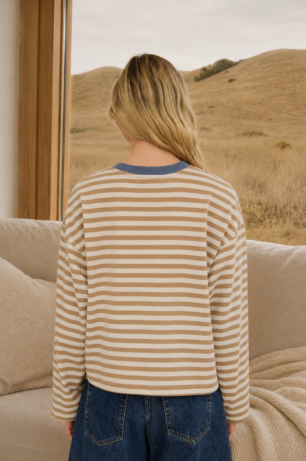 Color Block Neck Trim LS Boxy Knit Top