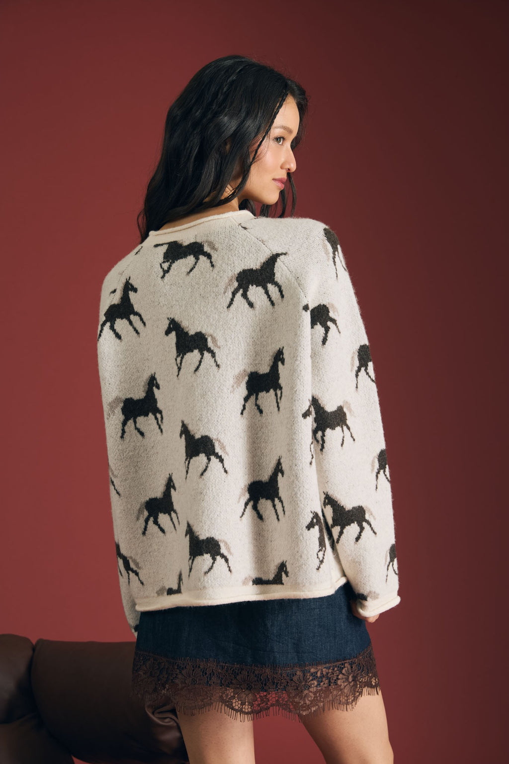 Horse Jacquard Raw Trim LS Knit Sweater