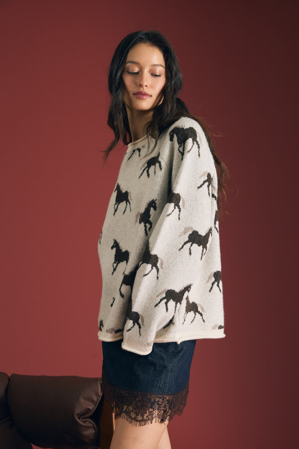 Horse Jacquard Raw Trim LS Knit Sweater
