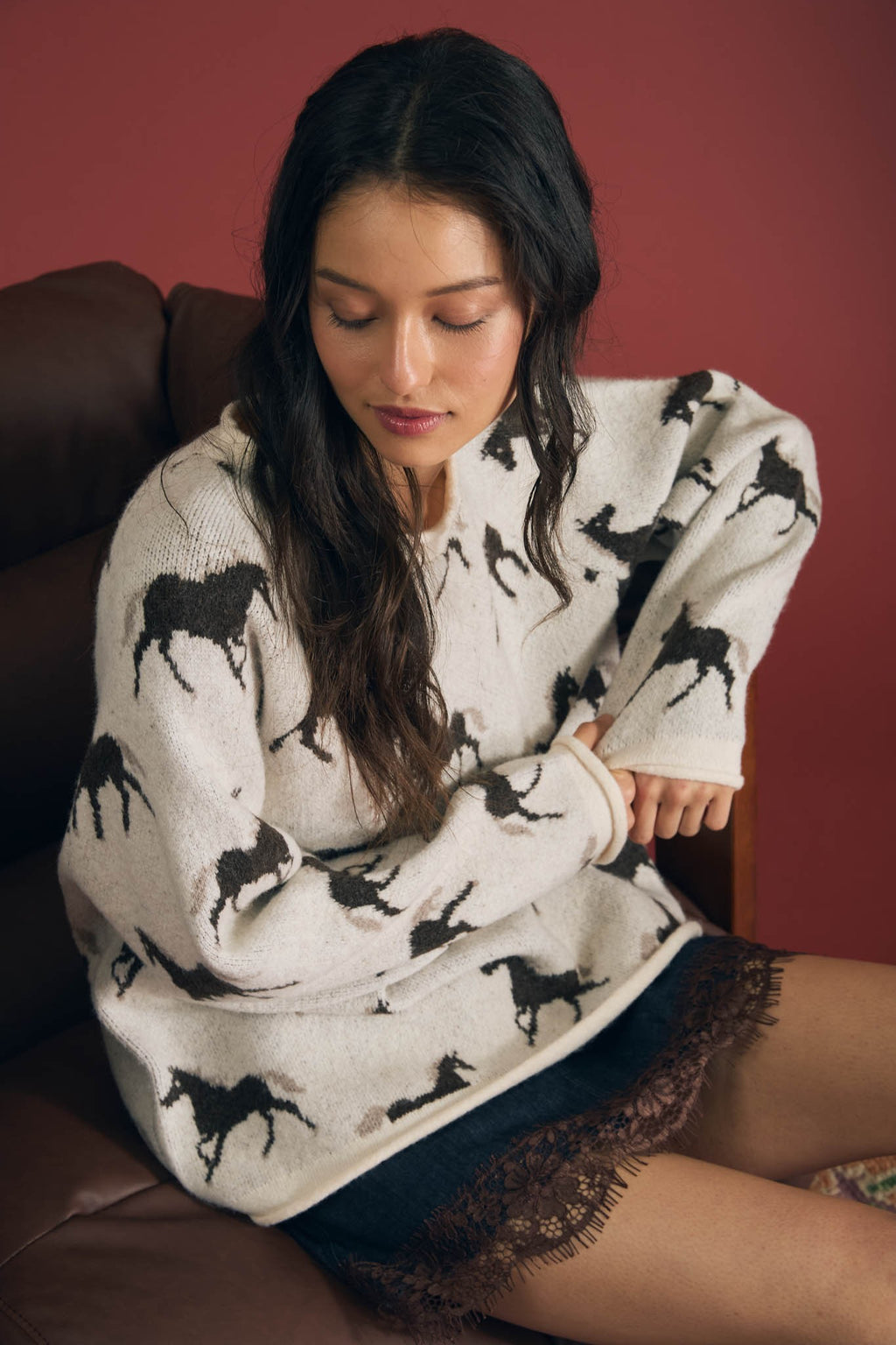 Horse Jacquard Raw Trim LS Knit Sweater