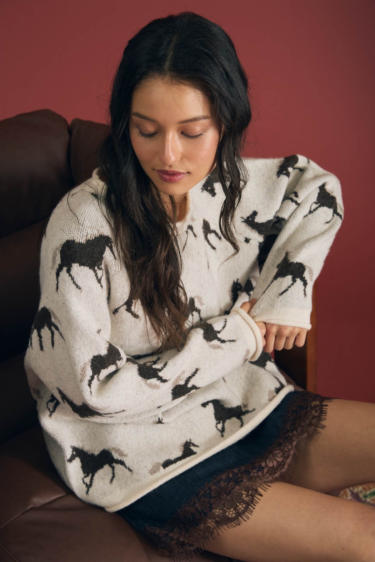 Horse Jacquard Raw Trim LS Knit Sweater