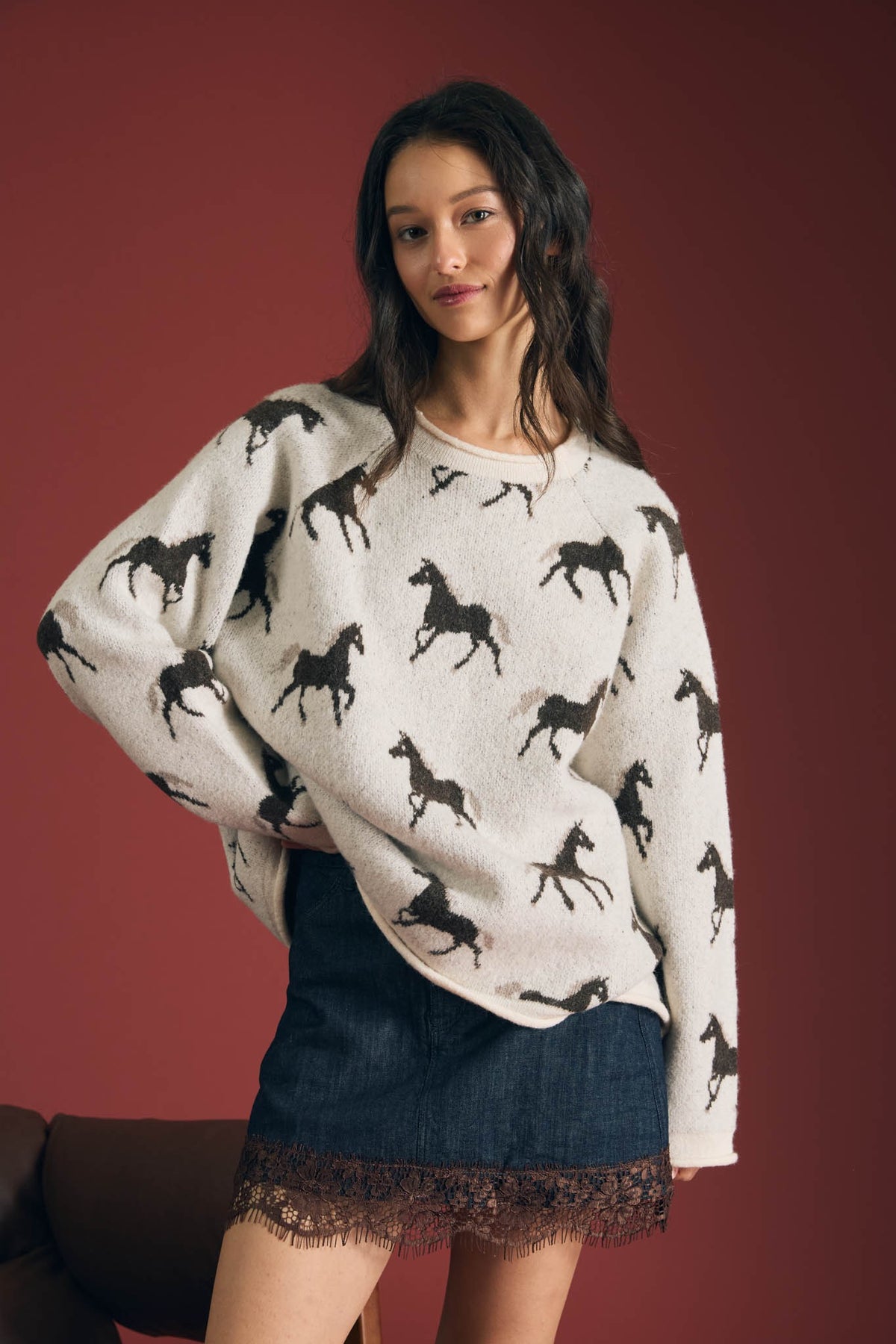 Horse Jacquard Raw Trim LS Knit Sweater