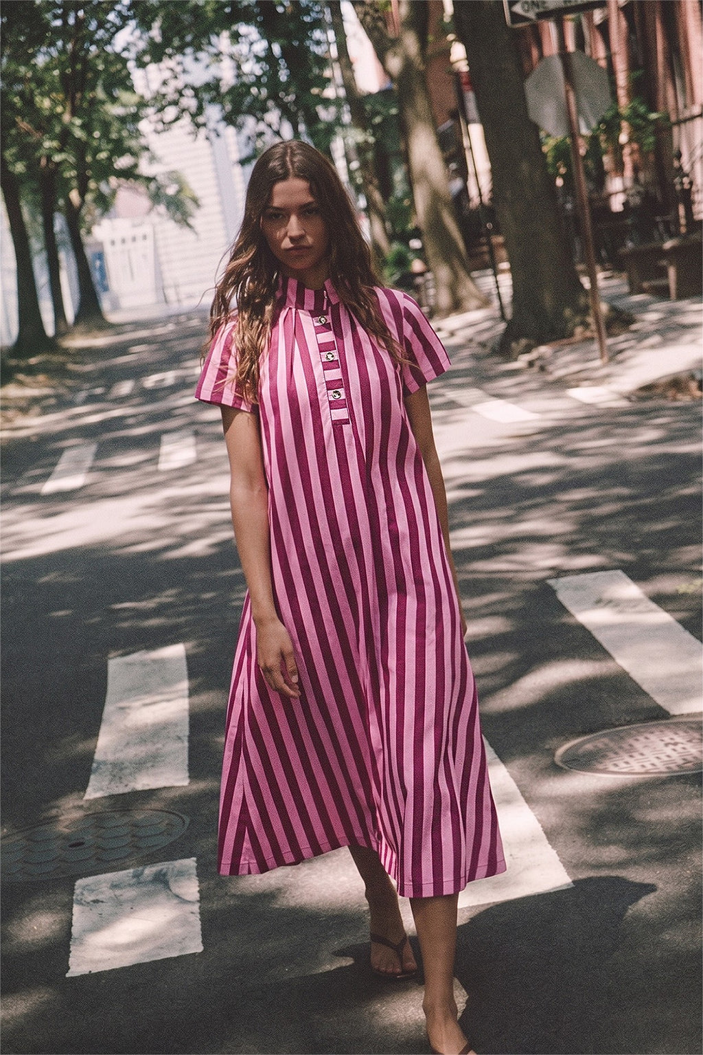 Stand High Neck Stripe Plum Midi Dress