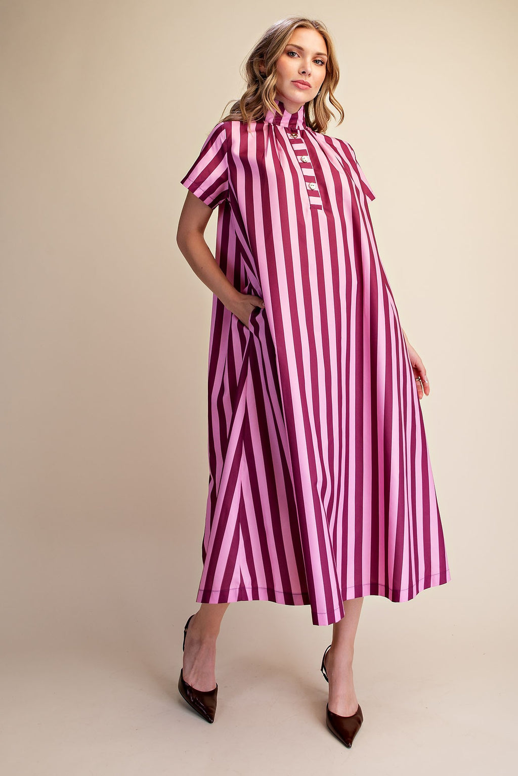 Stand High Neck Stripe Plum Midi Dress