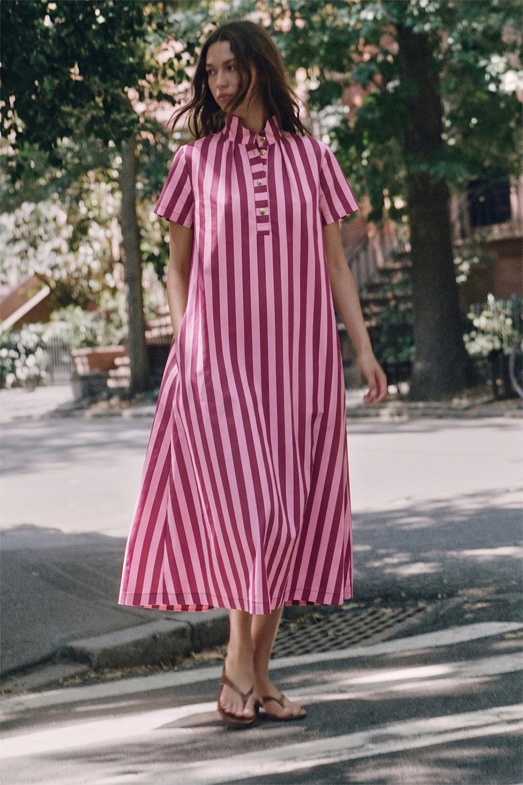 Stand High Neck Stripe Plum Midi Dress