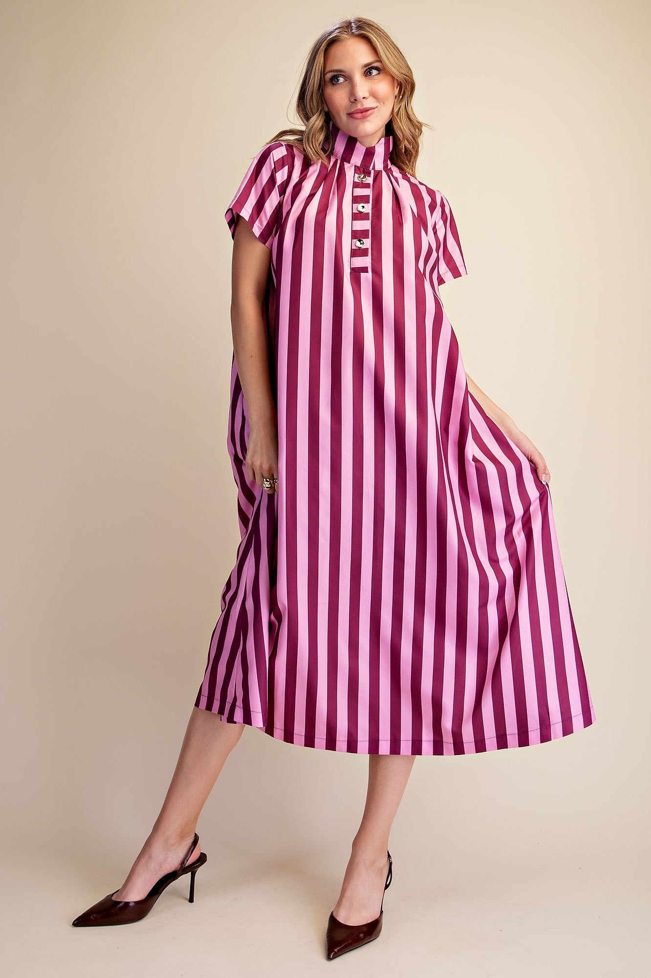 Stand High Neck Stripe Plum Midi Dress