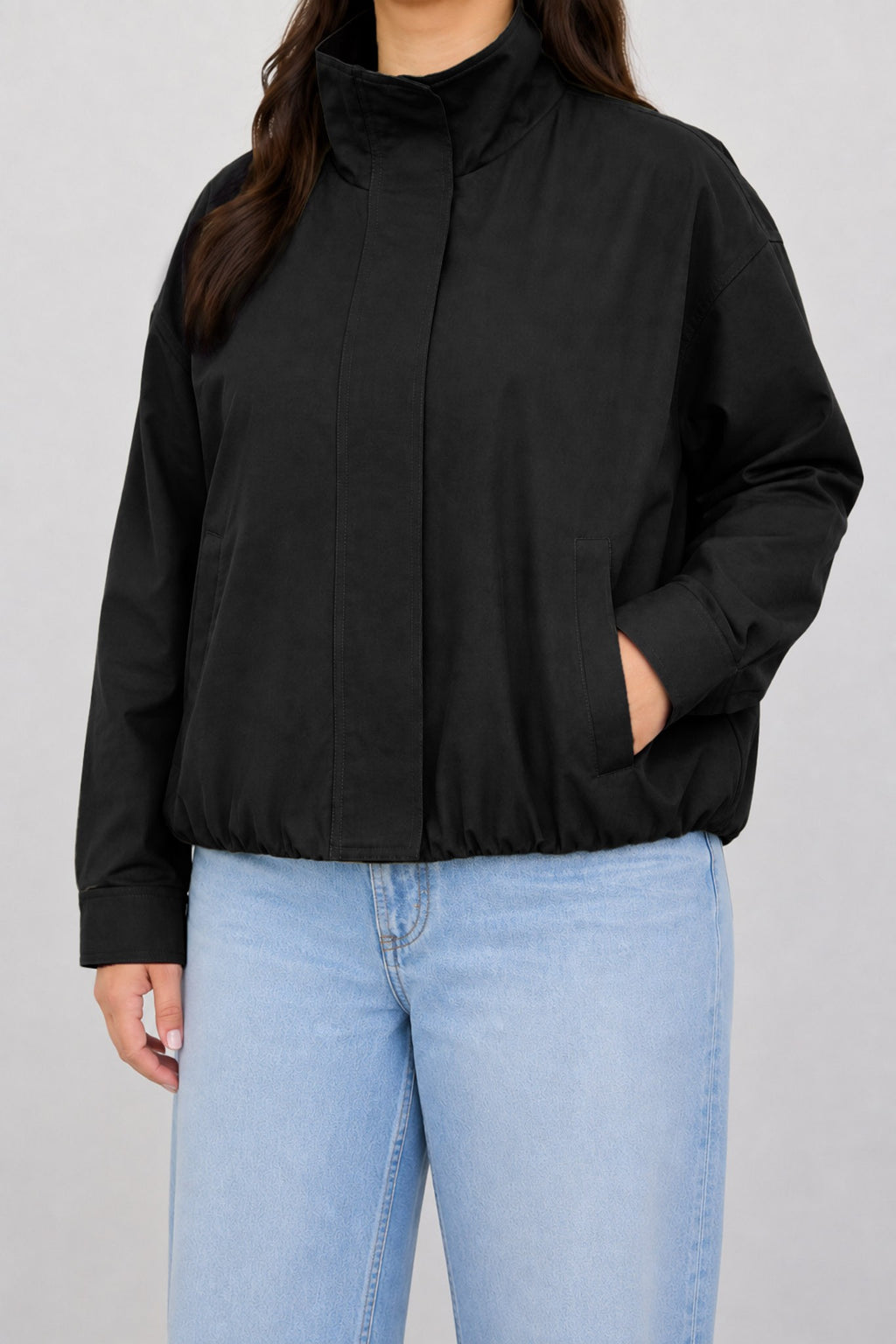 Zip-up Mock Neck Elastic Hem Jacket PLUS