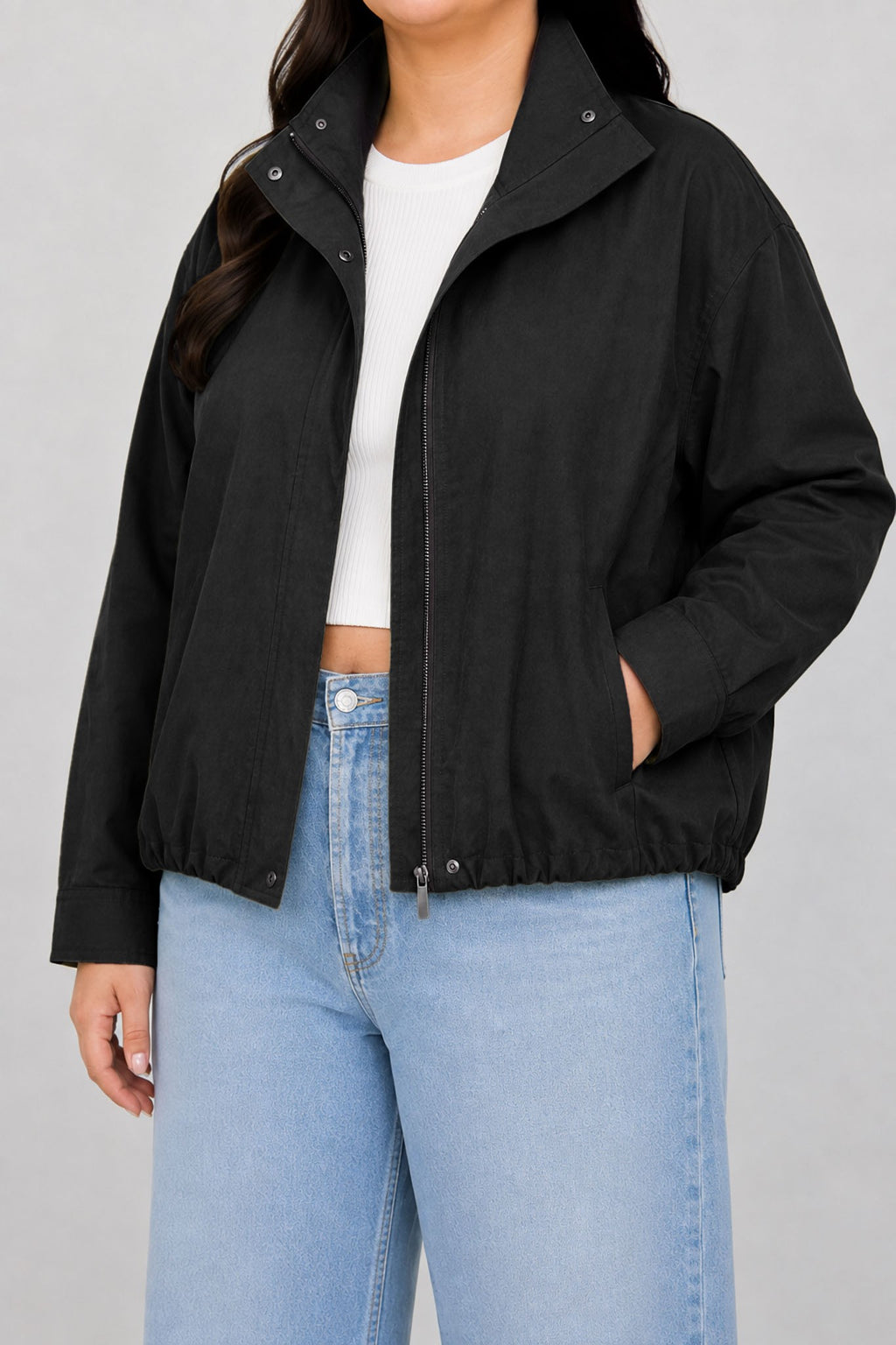 Zip-up Mock Neck Elastic Hem Jacket PLUS