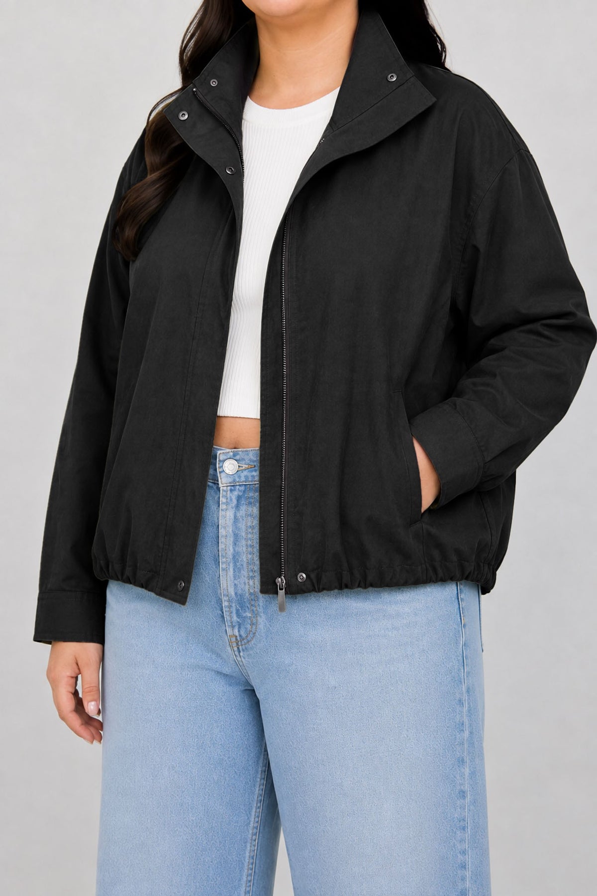 Zip-up Mock Neck Elastic Hem Jacket PLUS