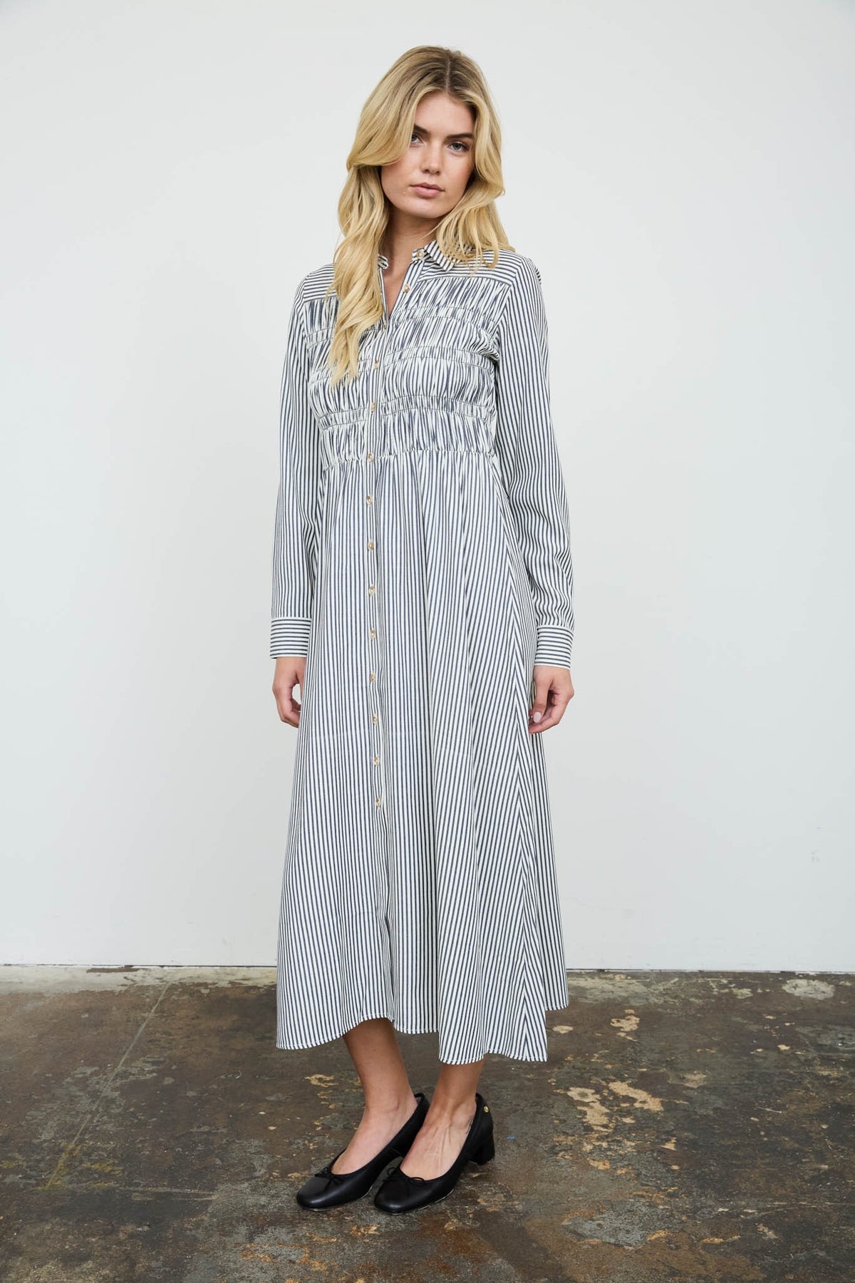 Stripe Shirred Collared LS Shirt Dress