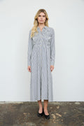 Stripe Shirred Collared LS Shirt Dress
