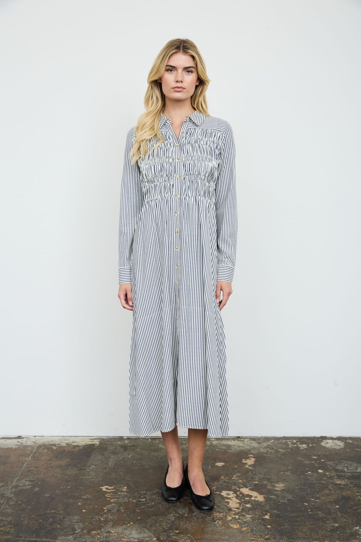 Stripe Shirred Collared LS Shirt Dress