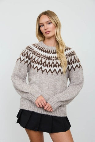 Fair Isle Yoke Crew Neck Knit Pullover Sweater