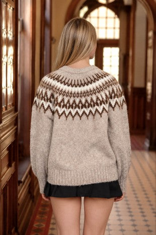 Fair Isle Yoke Crew Neck Knit Pullover Sweater