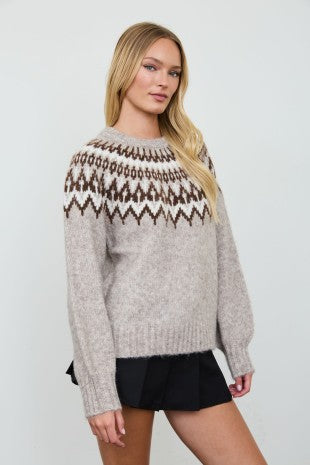 Fair Isle Yoke Crew Neck Knit Pullover Sweater