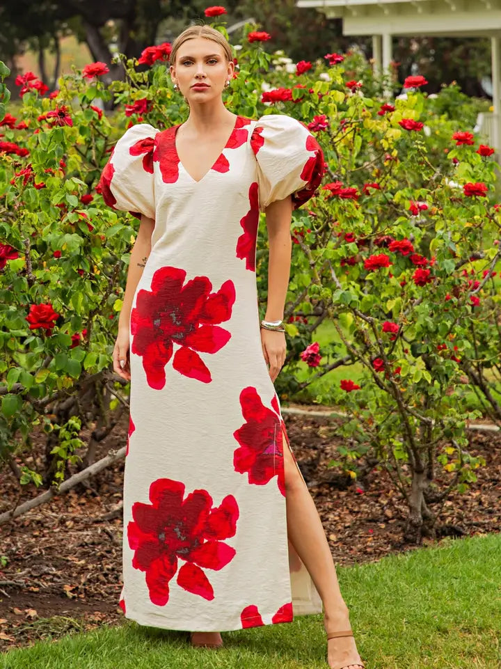 Glam Puff-Sleeve A-Line Maxi Dress